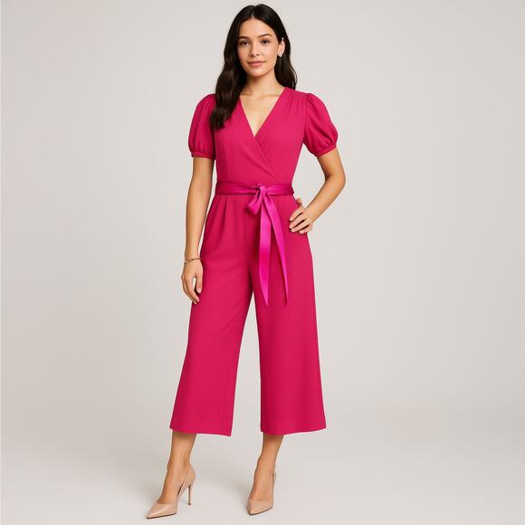 Eliza J Pants - NWOT Eliza J Jumpsuit Hot Pink Faux Wrap Crop Wide Leg Sz 2